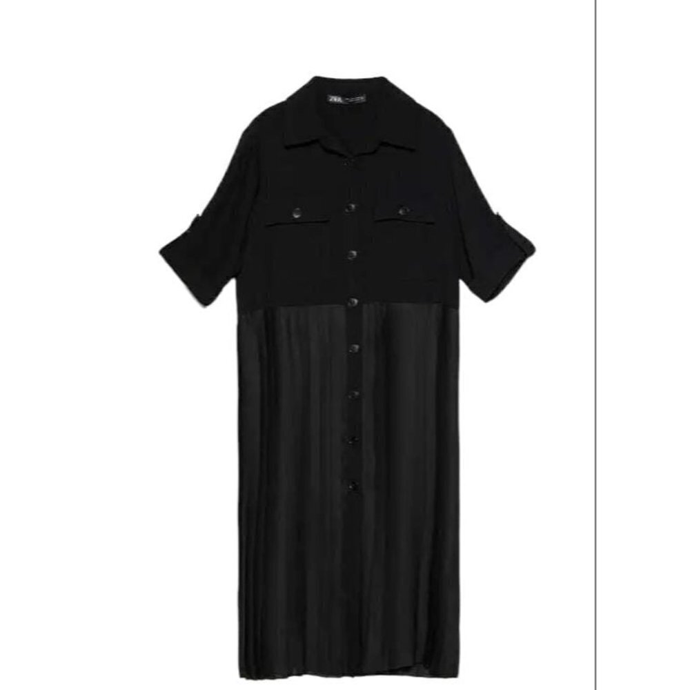 ZARA BLACK SHORT-SLEEVED PLEATED SHIRT SIZE L 7484/028/800